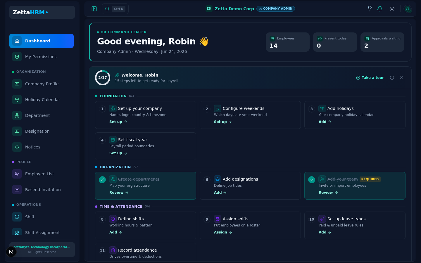 First Dashboard & Company Context screen