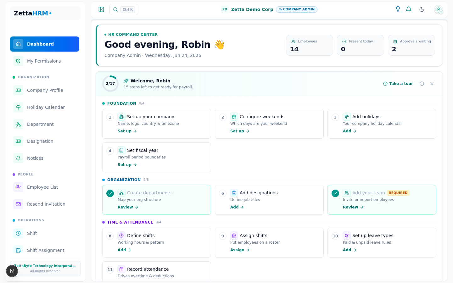 First Dashboard & Company Context screen